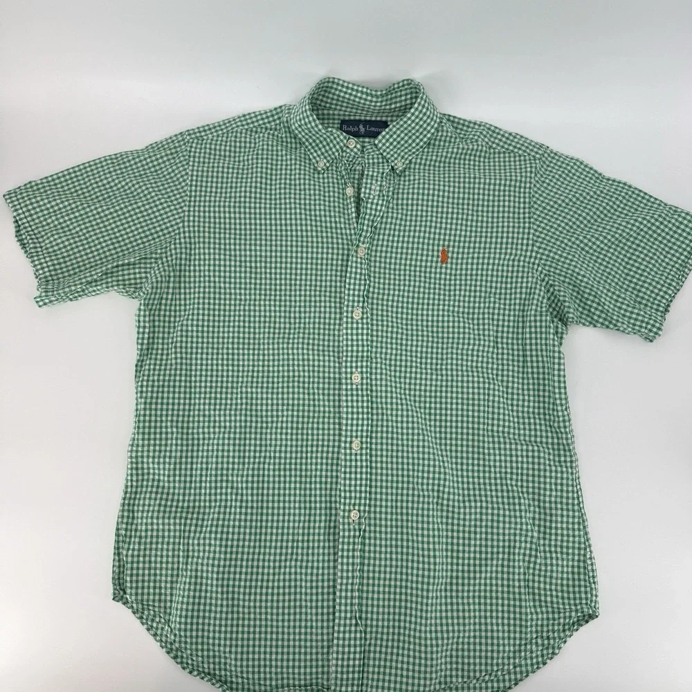 Polo Ralph Lauren Men 100% Cotton Long Sleeve Shirt Size L Gingham‎ Green Preppy